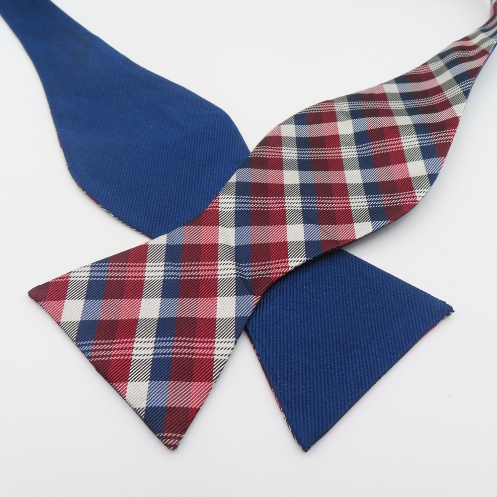 Jos A Bank Bow Tie Blue Red White Plaid 2.5" Wide Self Tie Silk Double Sided